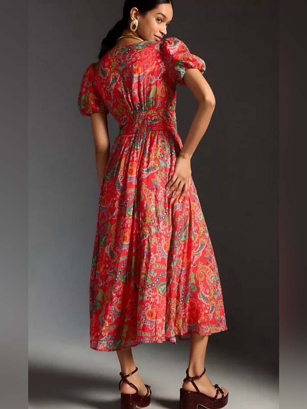 Anthropologie Red Paisley Katerina  Midi Dress with Puff Sleeves L /14